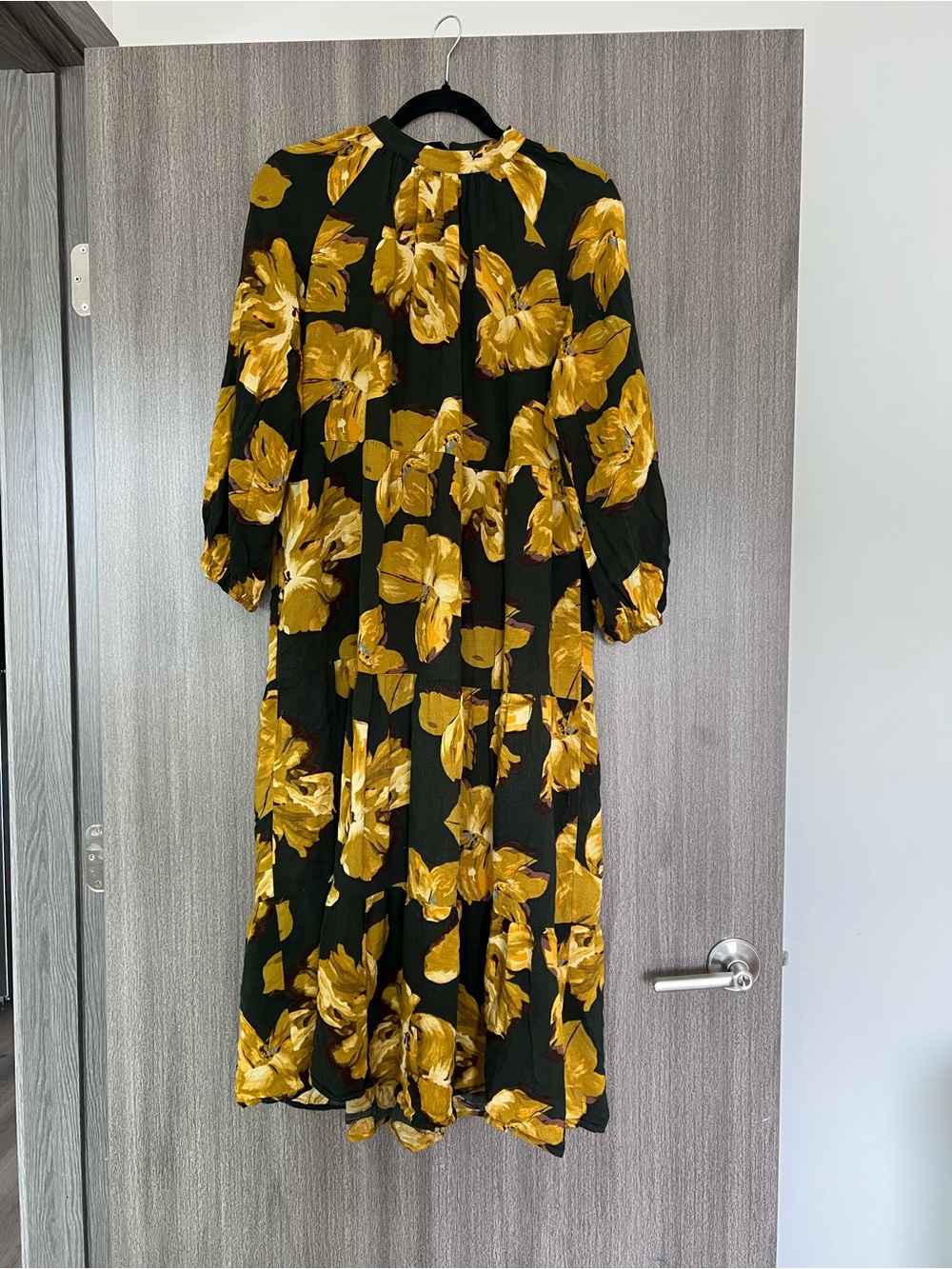 Yellow Floral Midi Dress - Black & Mustard